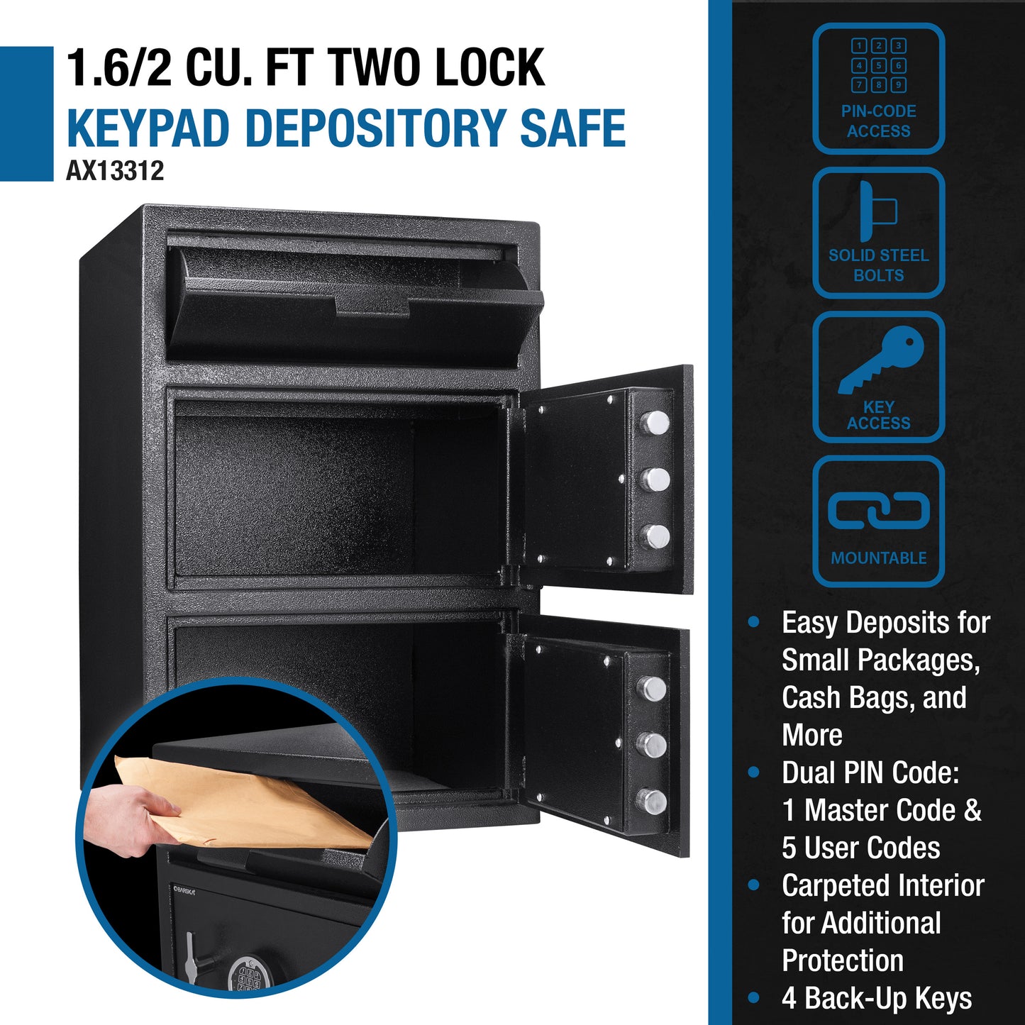 Barska 1.6/2 Cu. Ft Dual Compartment Keypad Depository Safe | AX13312