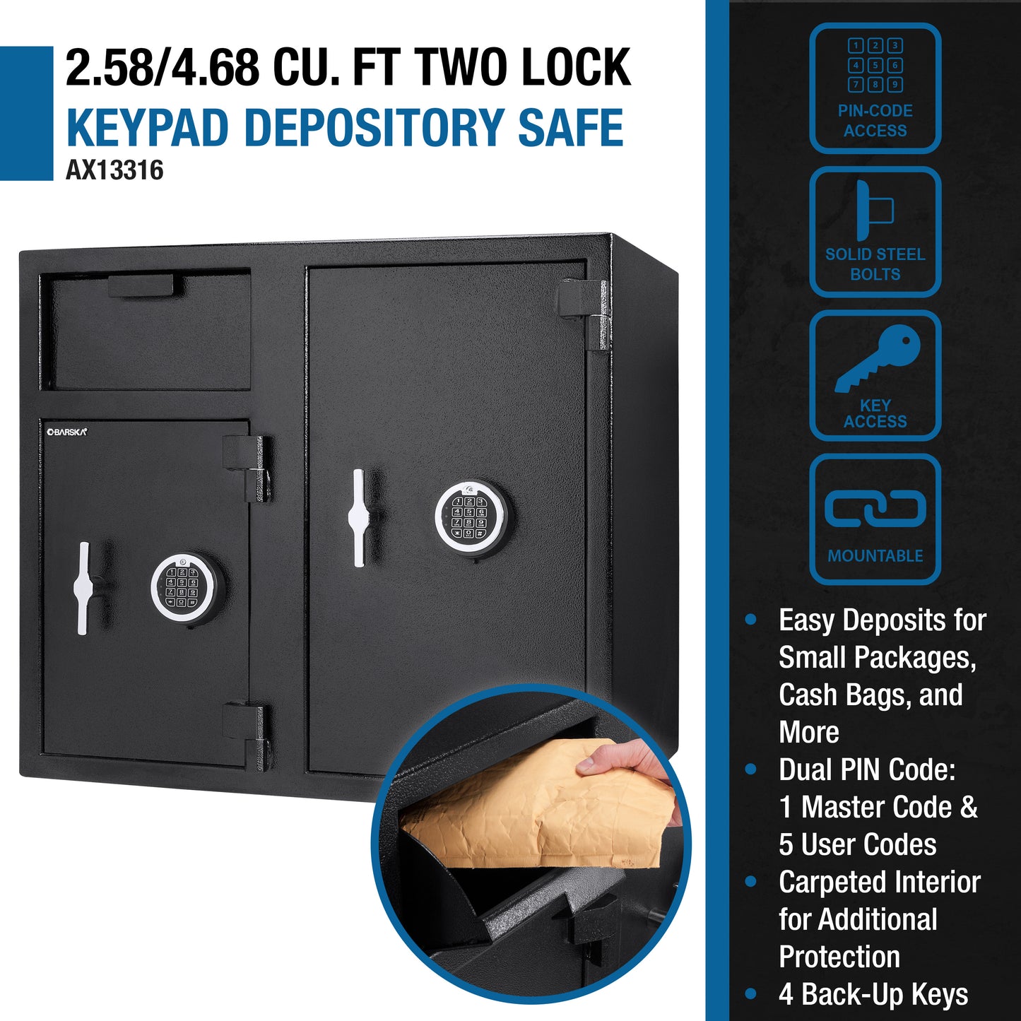 Barska 2.58/4.68 Cu. Ft Dual Compartment Keypad Depository Safe | AX13316