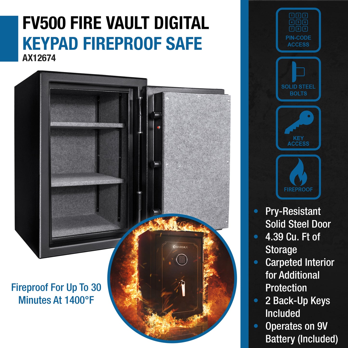 Barska FV500 FireVault Fireproof Keypad Security Safe | AX12674