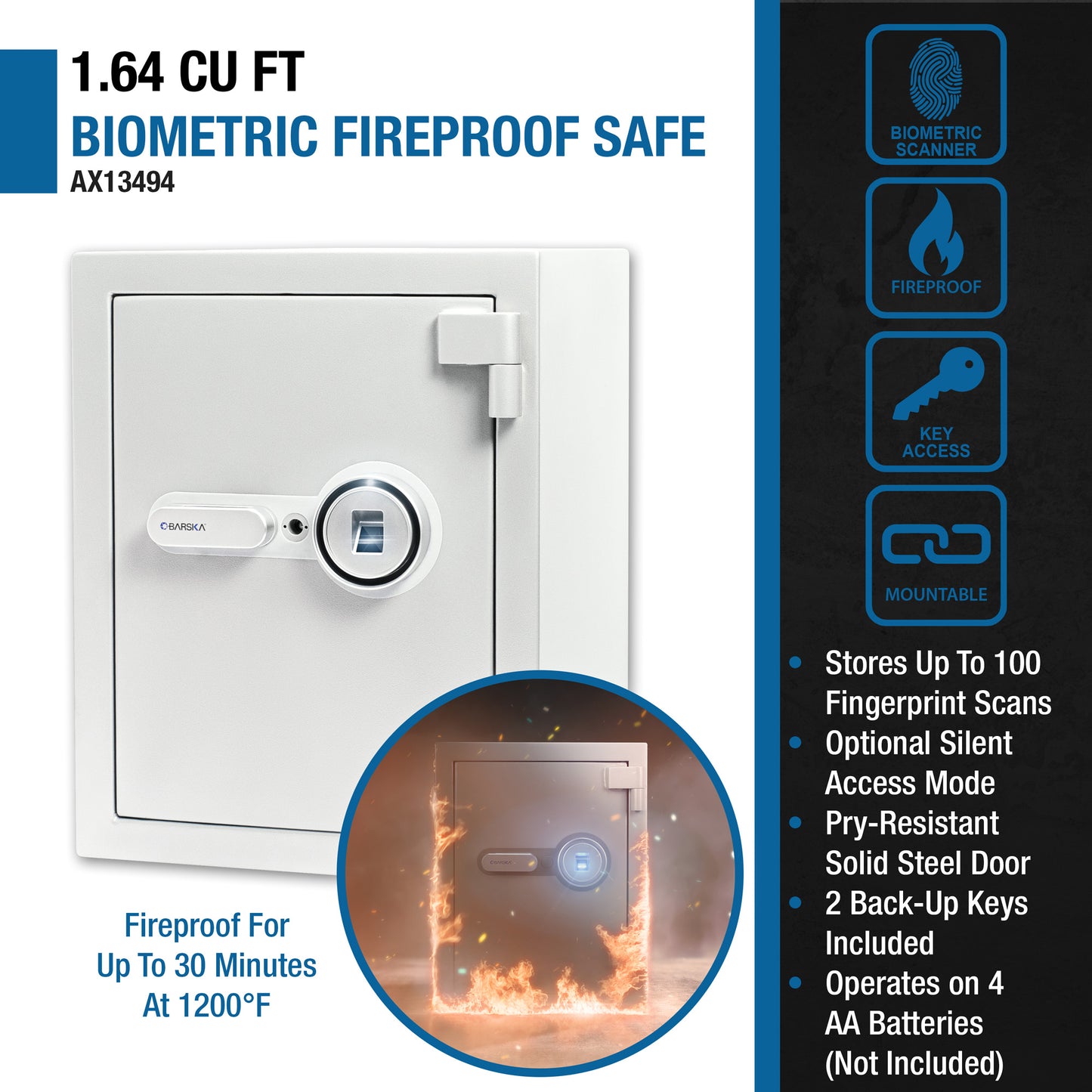 1.64 Cu. Ft Biometric Fireproof Security Safe, Grey | AX13494