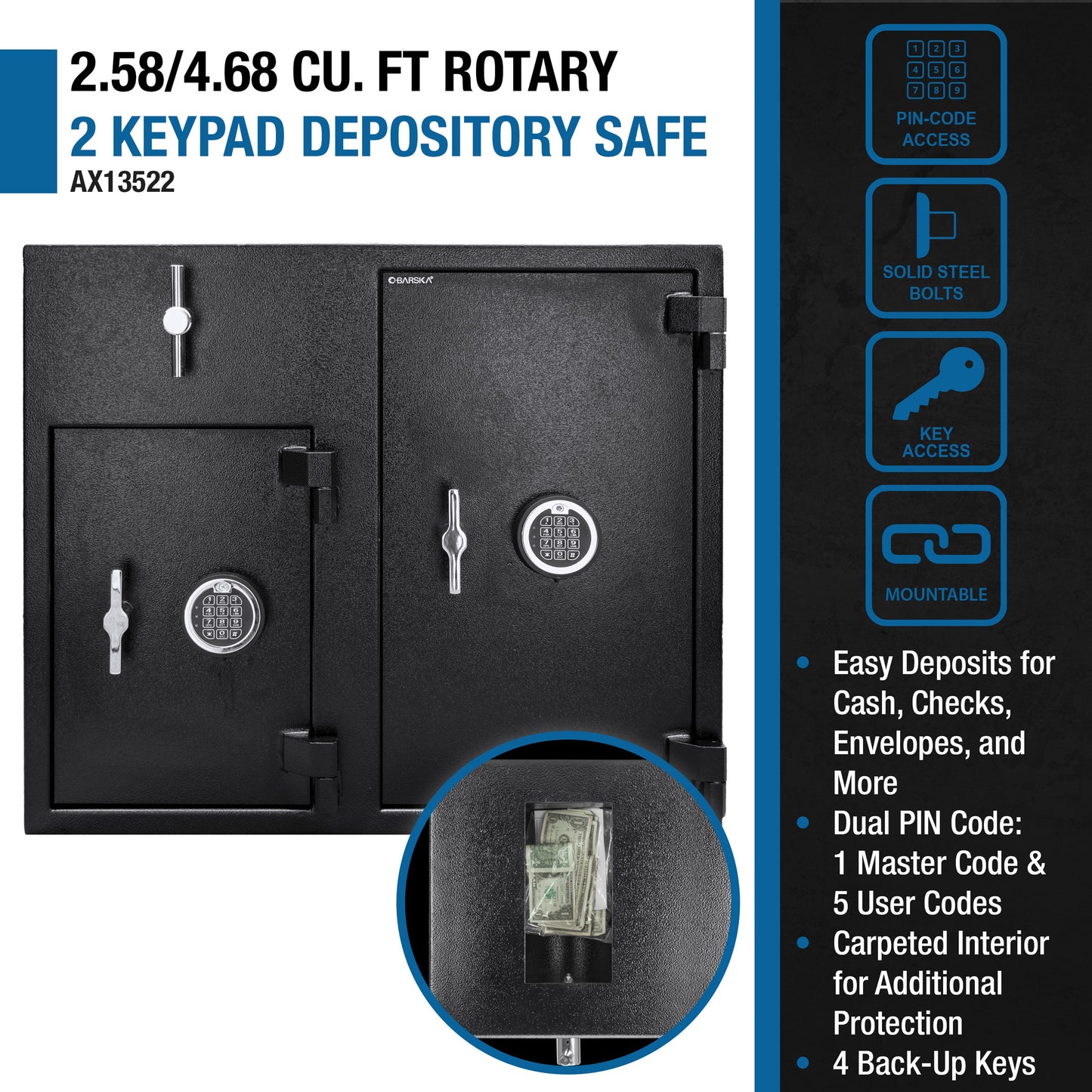 Barska 2.58/4.68 Cu. Ft Dual Compartment Rotary Hopper Keypad Depository Safe | AX13522
