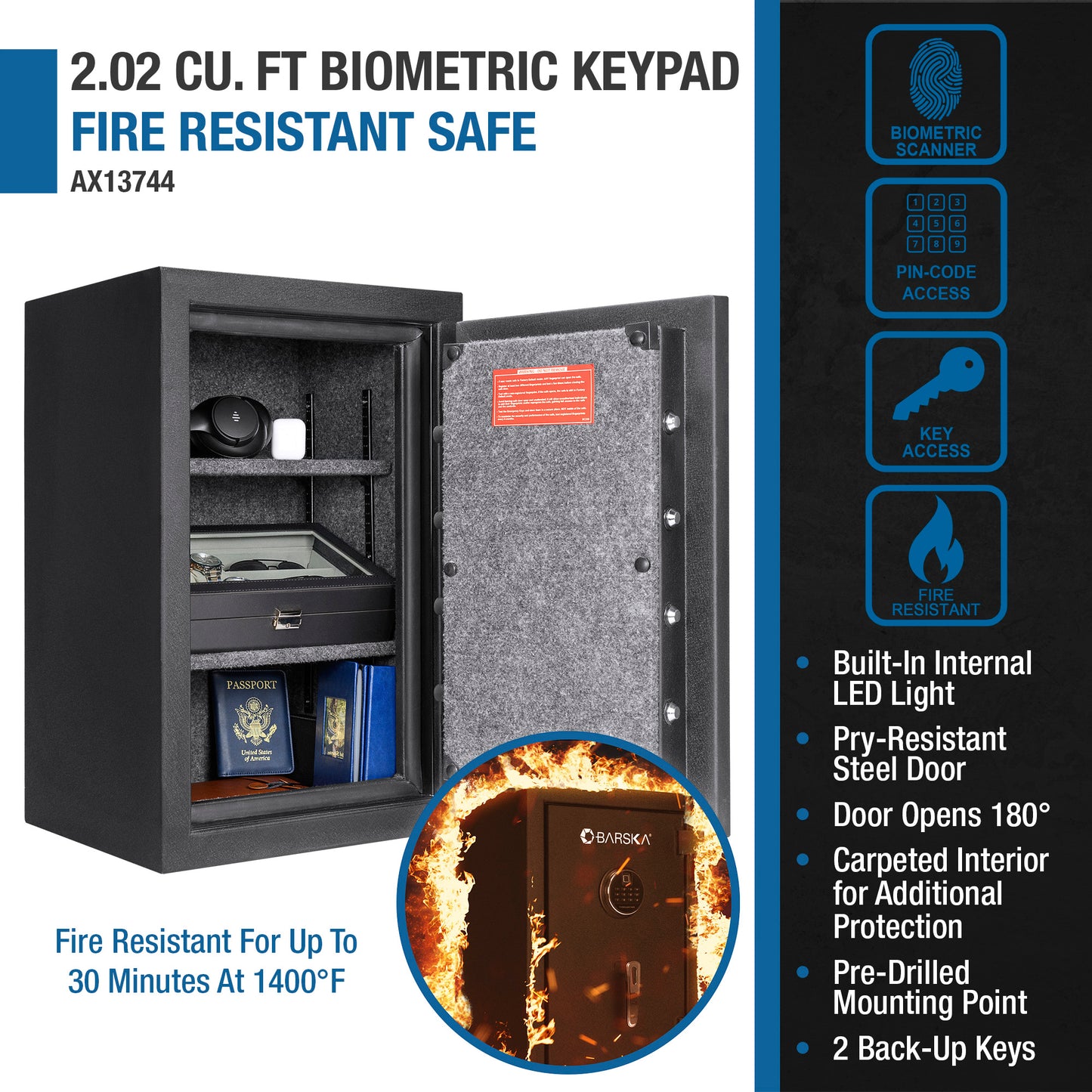 Barska 2.02 Cu. Ft Biometric Keypad Fire Resistant Safe | AX13744